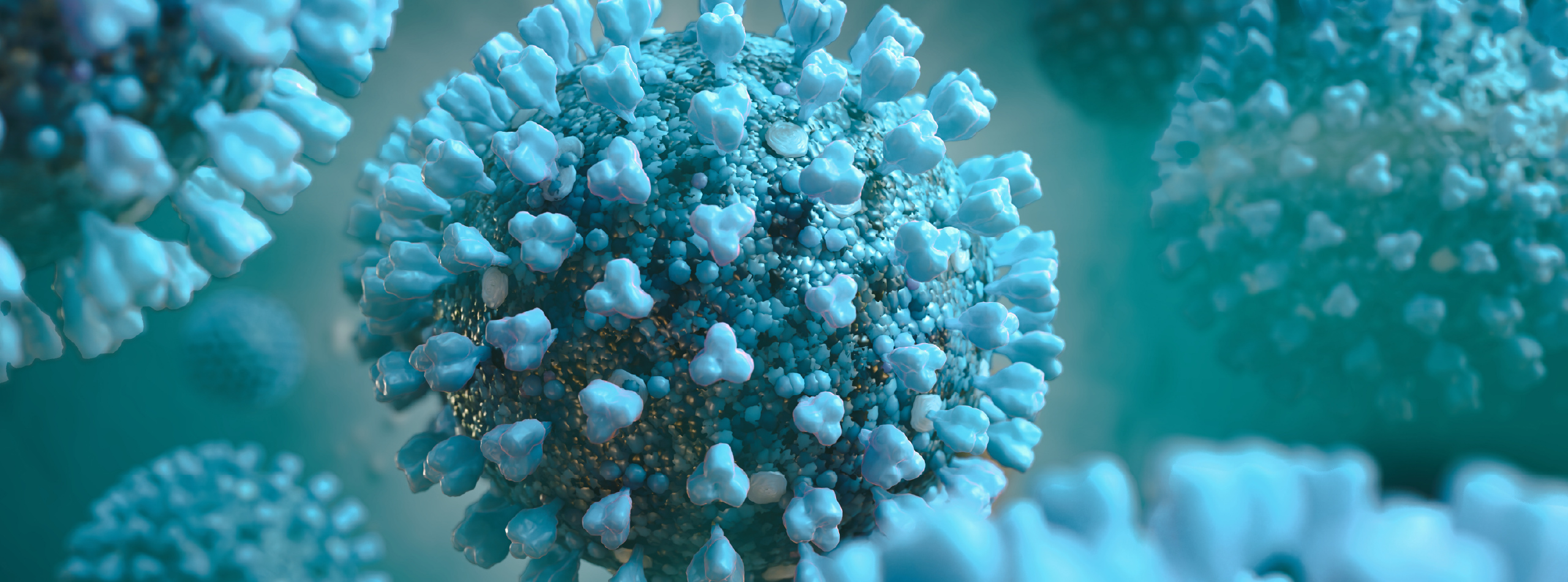 Illustration of a virus on a blue background, highlighting its structure and features.