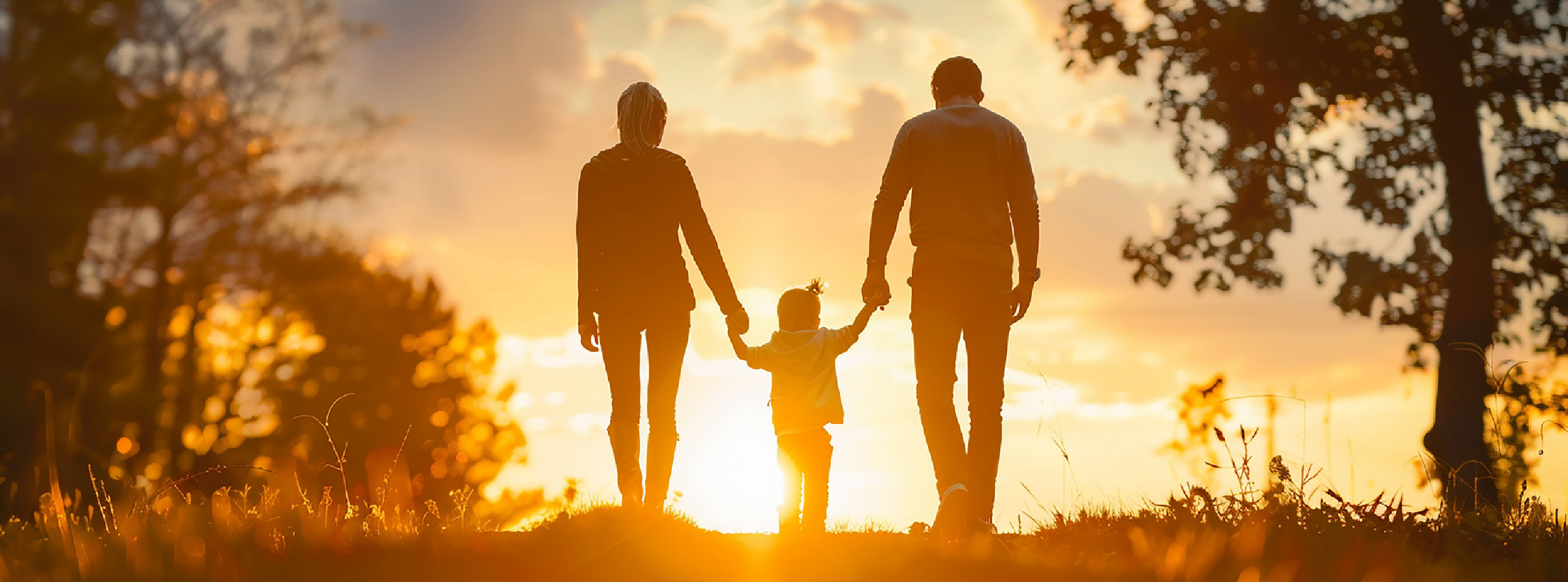 A family of three holding hands together against a vibrant sunset backdrop.