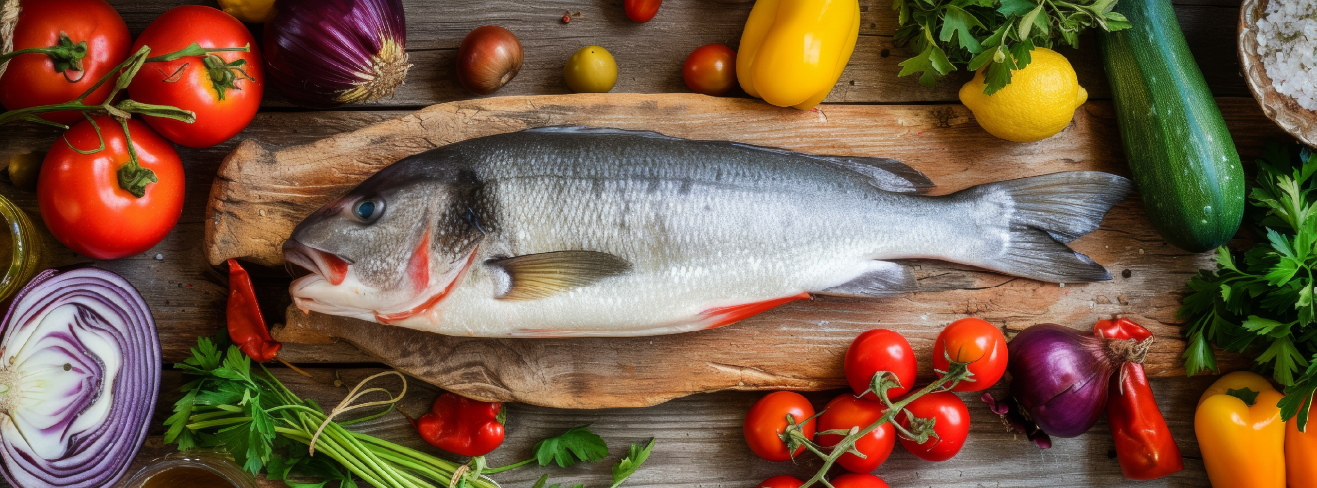 Fresh fish on a wooden cutting board, surrounded by colourful vegetables like bell peppers and carrots.
