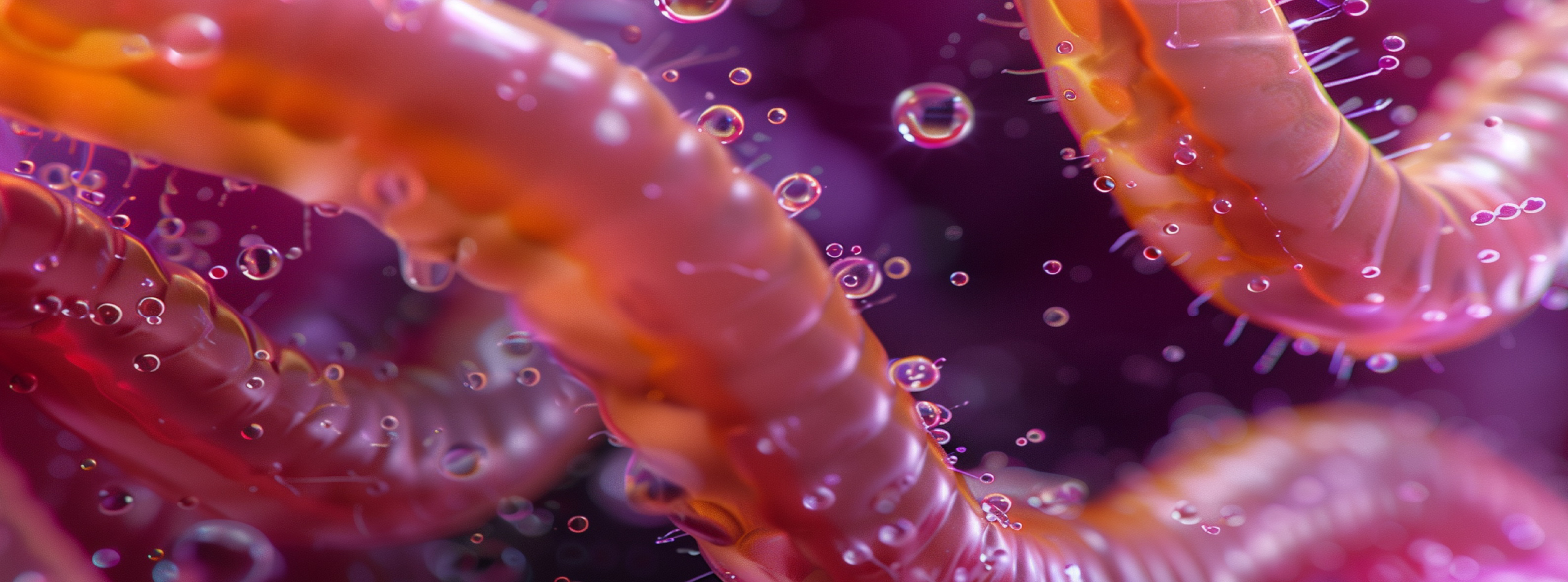 A close-up of a pink bacterial worm surrounded by small bubbles, showcasing its texture and vibrant colour.