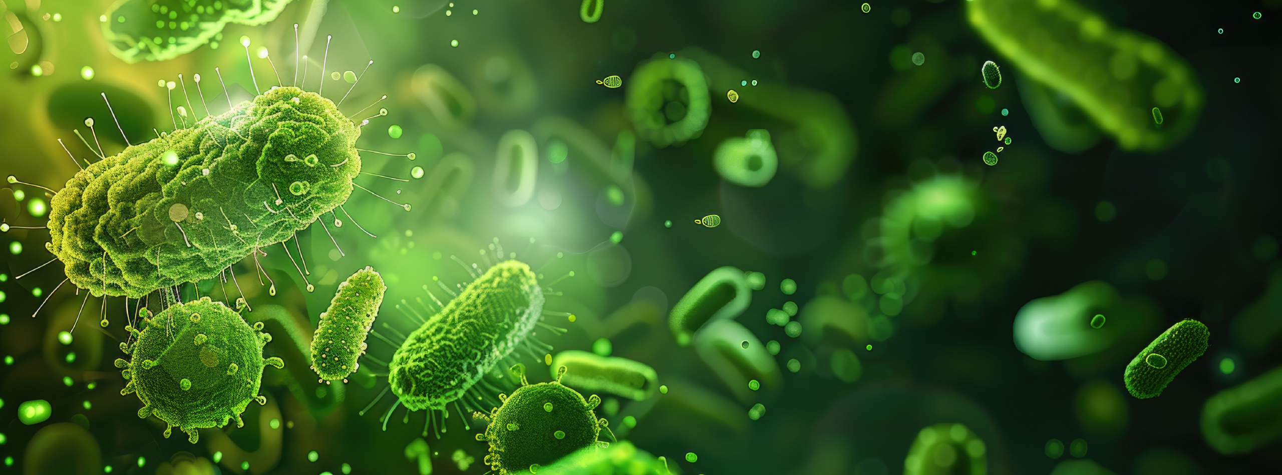 Green bacteria illuminated against a dark background, showcasing their unique shapes and textures.