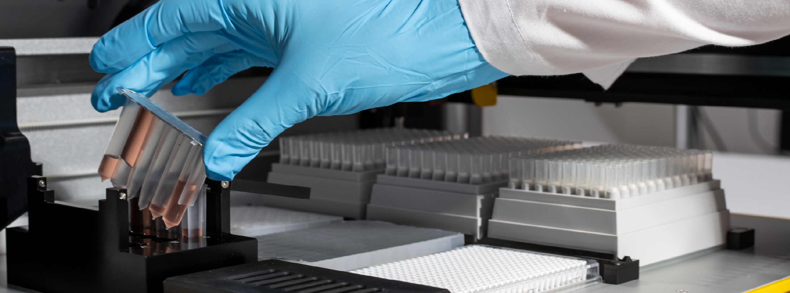 A person wearing blue gloves holds a small piece of plastic over a machine.