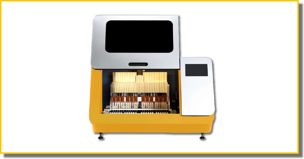 A yellow and white machine featuring a computer screen, designed for various medical and laboratory tasks.