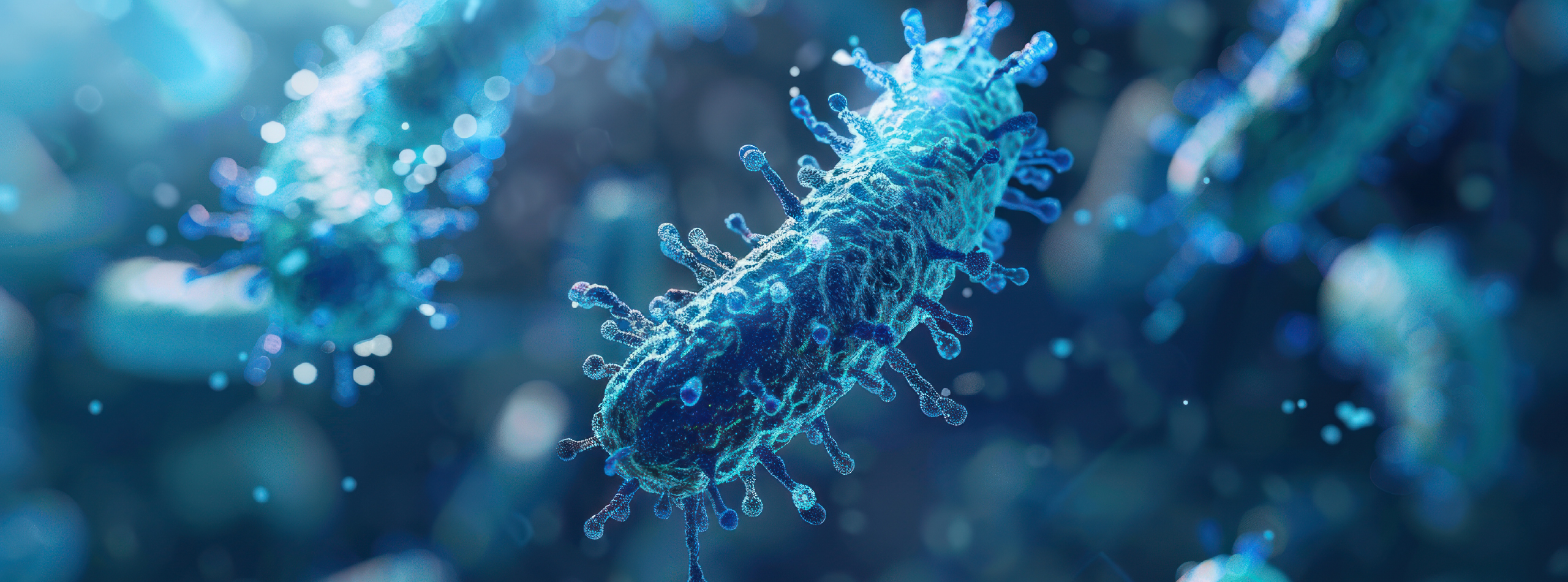 Microscopic view of bacteria in water, surrounded by droplets, illustrating microbial life in a liquid environment.