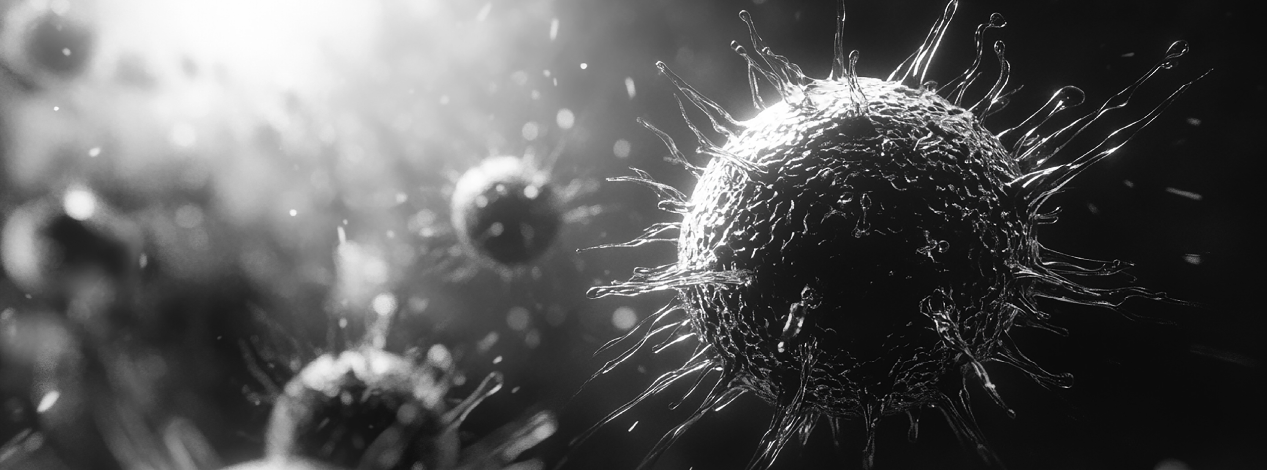 Black and white image of a virus, showcasing its structure and details against a plain background.