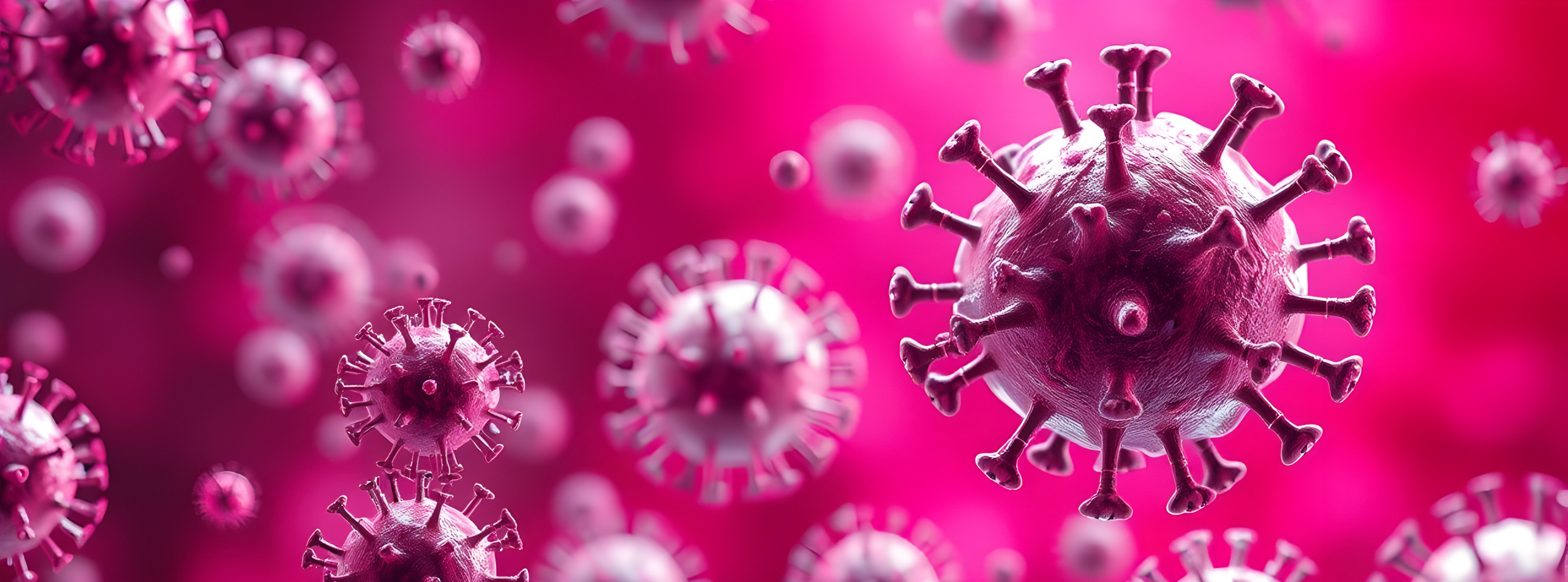A virus illustration on a pink background, depicting the virus structure with spikes and a vibrant colour contrast.