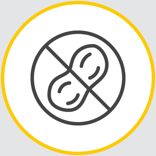 a drawing of the outline of a peanut inside a no sign in a yellow circle