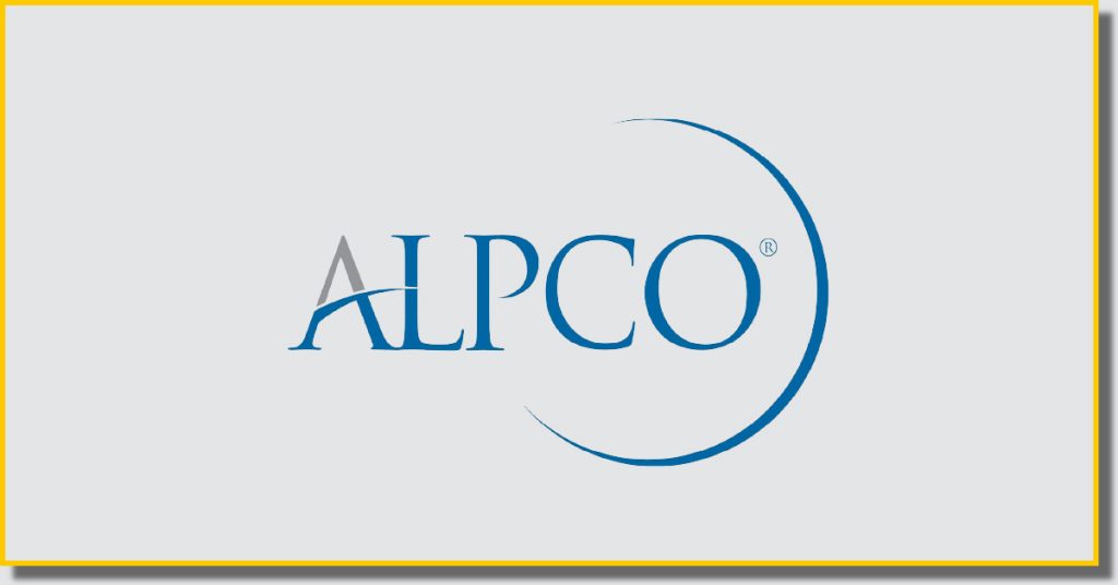a grey box with a yellow border containing a blue and grey logo with the word ALPCO