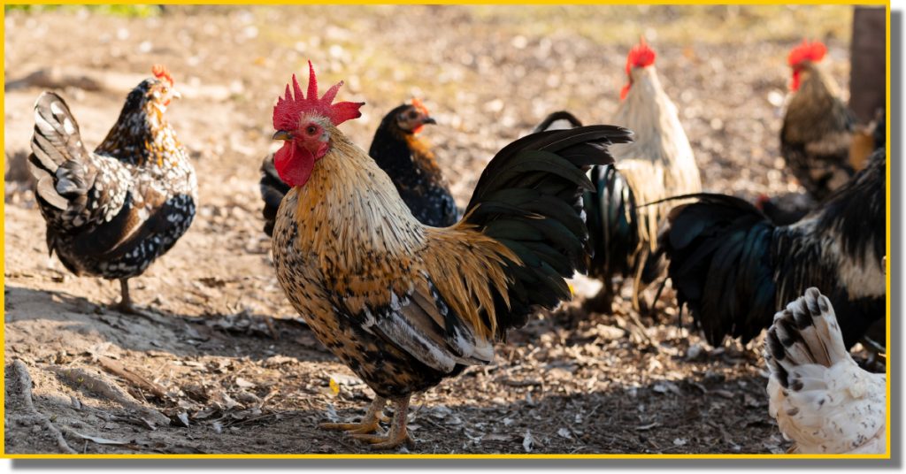 a number of chickens outdoors standing on a dry dirt ground