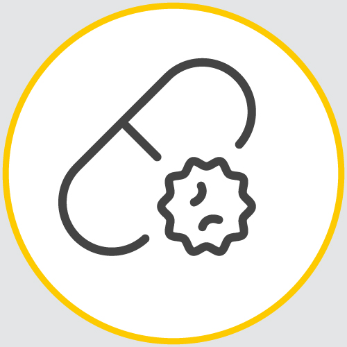 a drawing of the outline of a pill encased in a yellow circle
