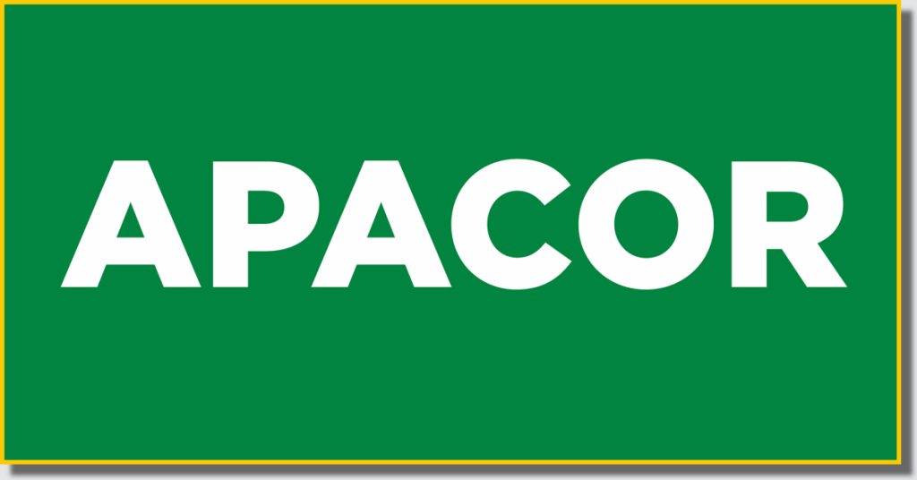 a green box with a yellow border containing a white logo with the word Apacor