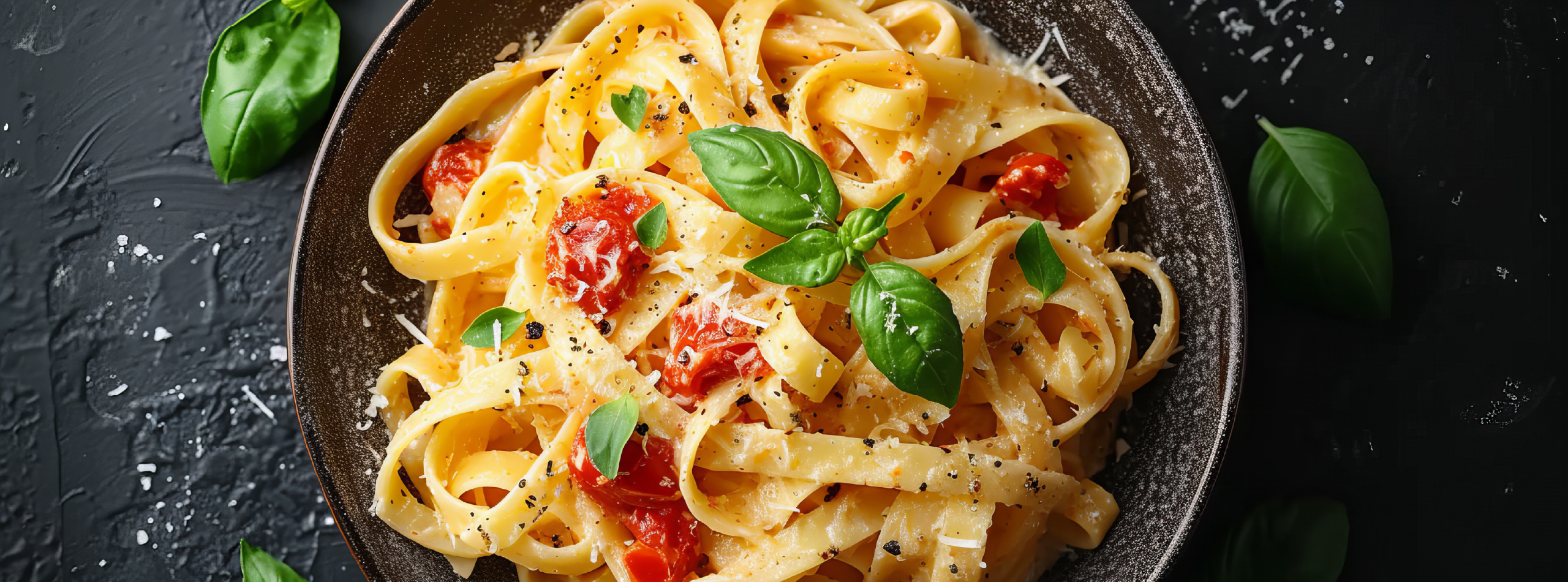 Pasta with tomato and basil served on a sleek black plate