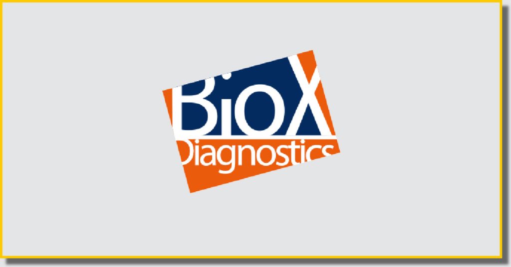 a grey box with a yellow border containing a orange, blue and white logo with the word BioX