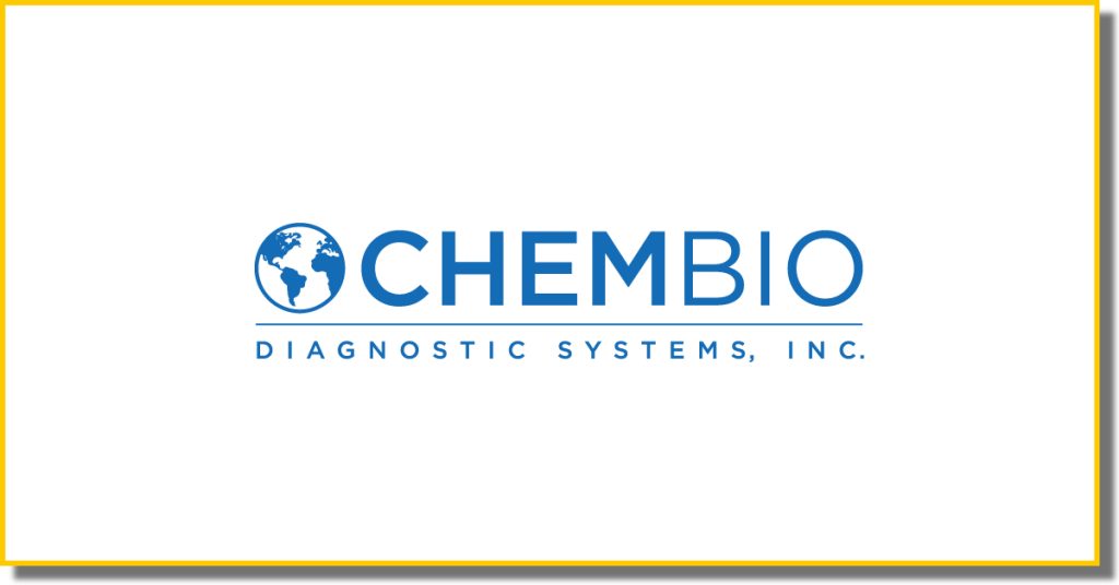 a white box with a yellow border containing a blue logo with the word Chembio