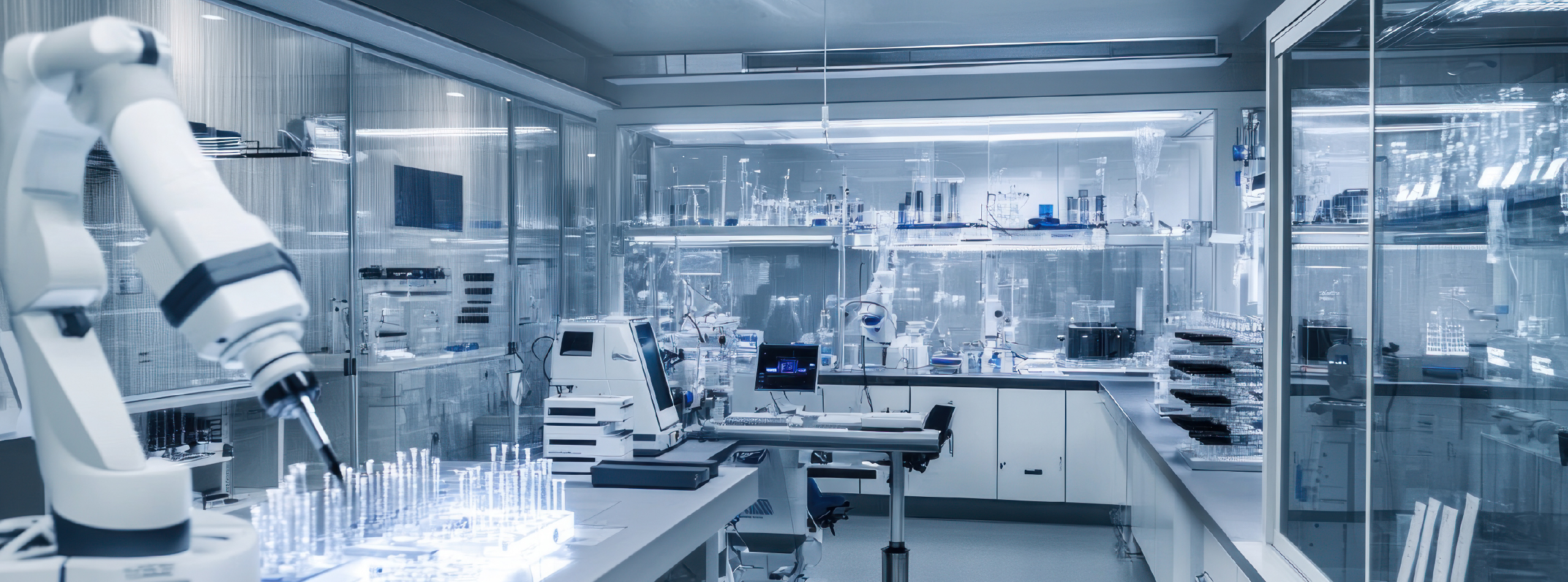 A modern laboratory featuring a robot among numerous glass containers and equipment.