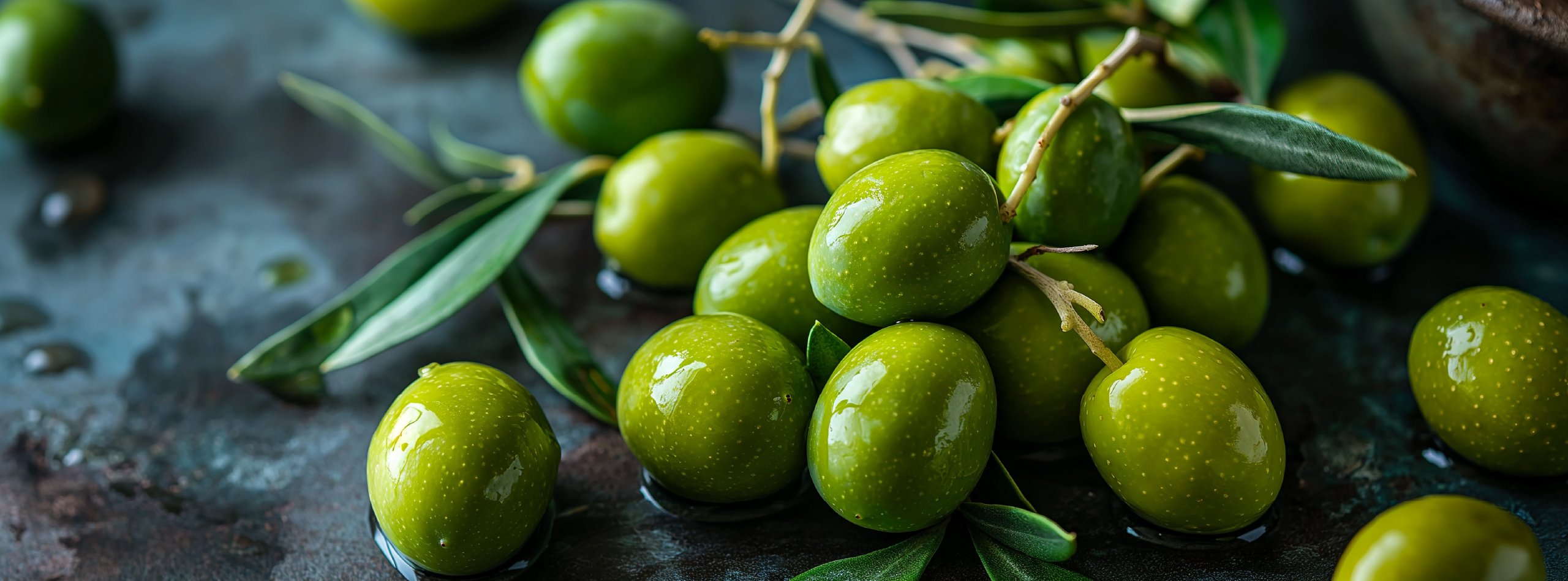 Fresh olives displayed on a rustic wooden table next