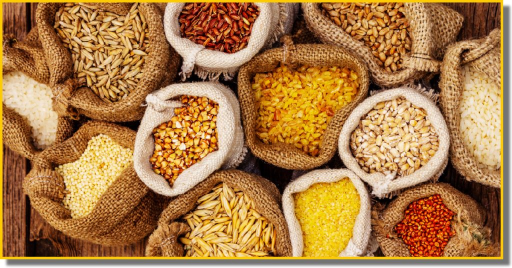 A variety of grains and seeds displayed in bags, showcasing different textures and colours