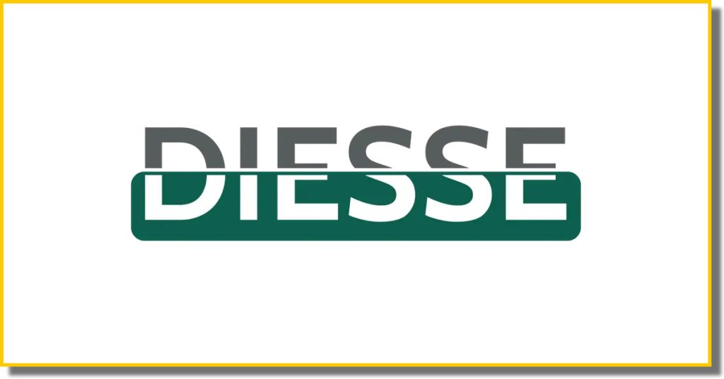 a white box with a yellow border containing a green, white and grey logo with the word Diesse