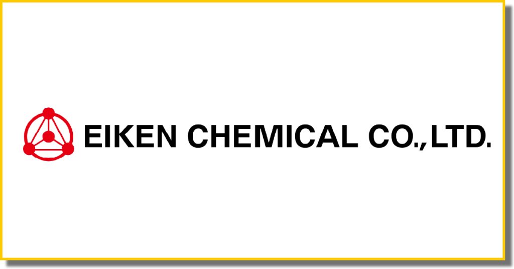 a white box with a yellow border containing a black , white and redlogo with the words Eiken Chemical Co. Ltd.