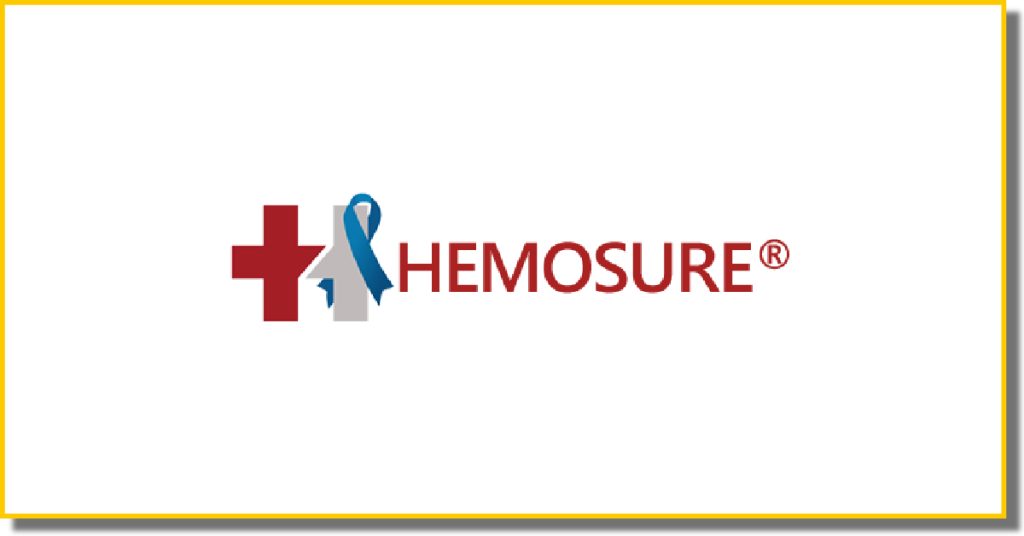 a white box with a yellow border containing a blue, red and grey cross-shaped logo with the word Hemosure