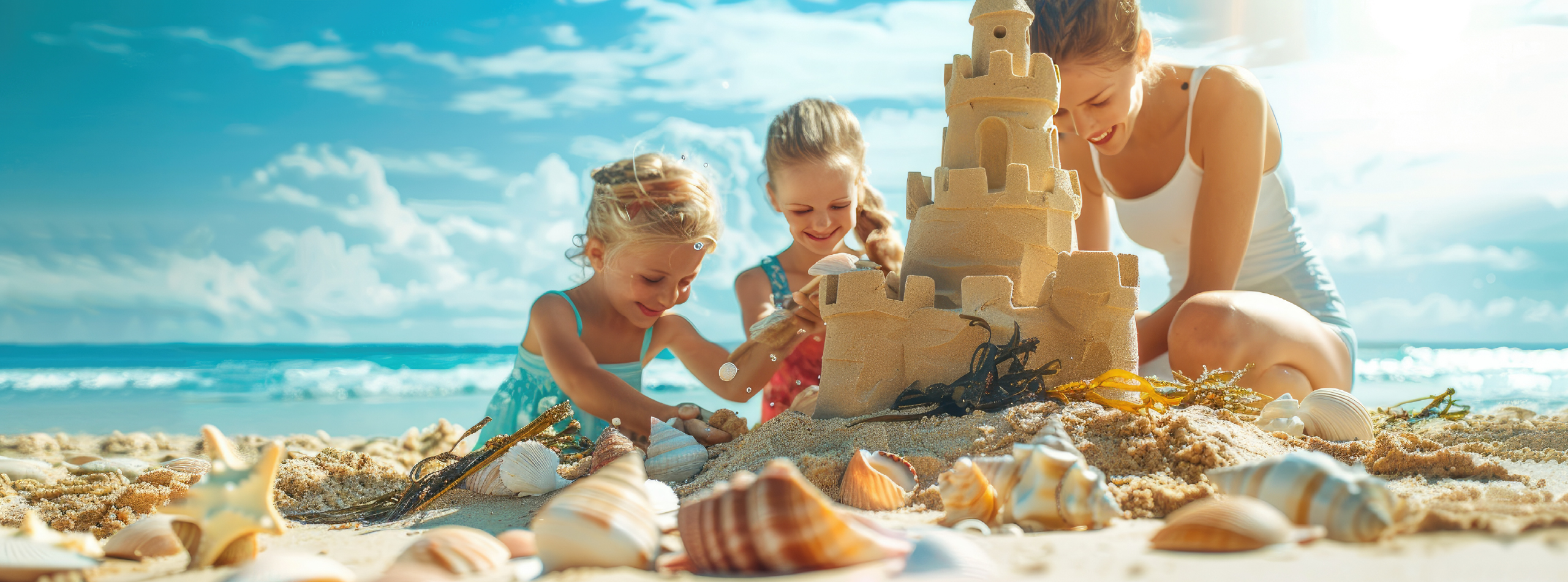 Two children and their mother building sandcastles together on a sunny beach, enjoying their playful day by the ocean.