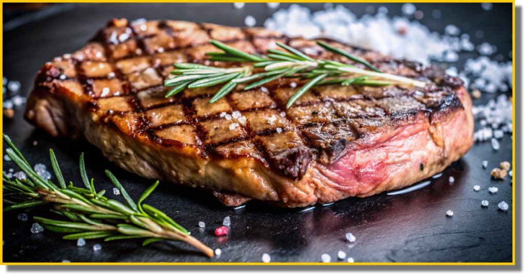 A juicy steak garnished with fresh rosemary and sprinkled with coarse salt.