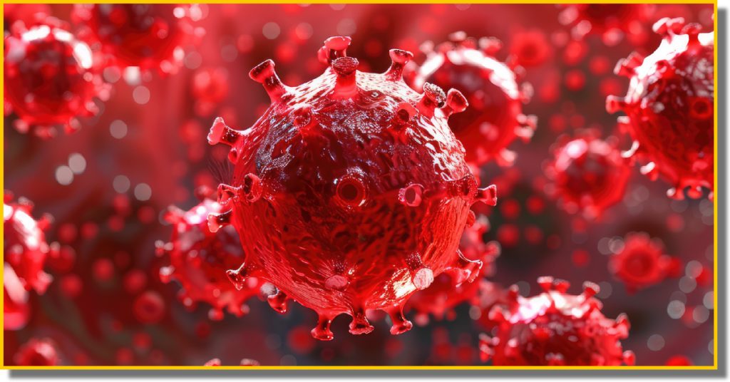 image of red viral pathogens floating through liquid