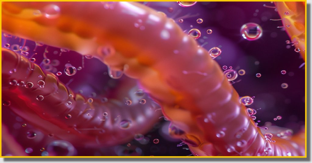 A close-up of a pink bacterial worm surrounded by small bubbles, showcasing its texture and vibrant colour.