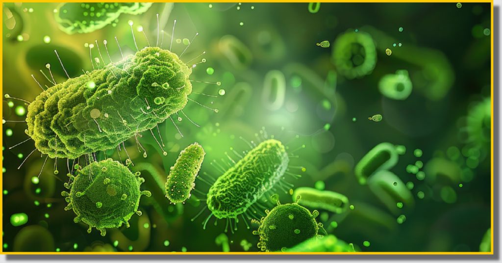 Green background image featuring various bacteria and viruses in a scientific illustration style