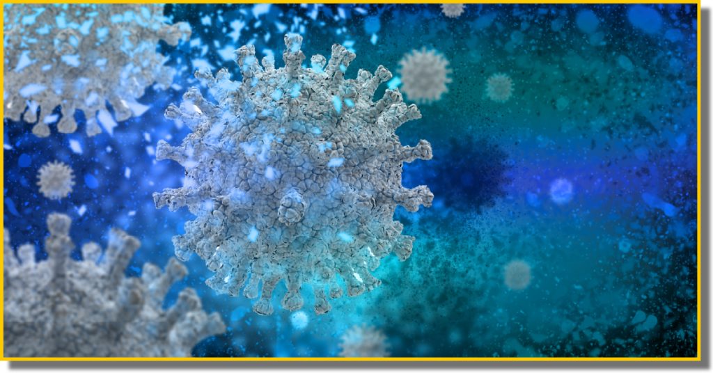 Blue and white illustration of the coronavirus, depicting its spherical shape and spike proteins.