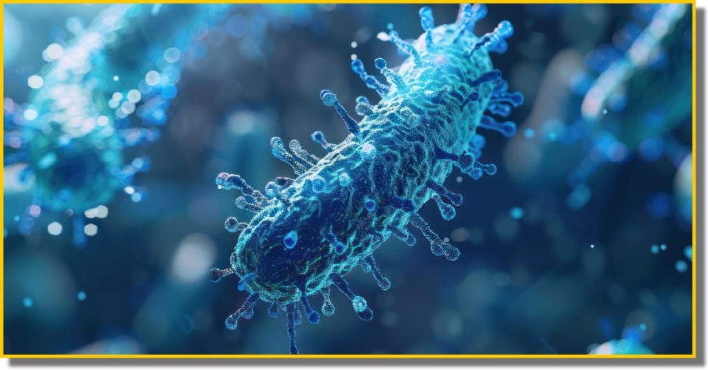 Microscopic view of bacteria in water, surrounded by droplets, illustrating microbial life in a liquid environment.