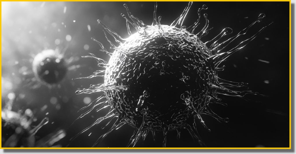 Black and white image of a virus, showcasing its intricate structure and details against a plain background.
