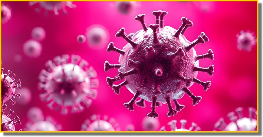 Pink background featuring a large coronavirus surrounded by numerous small virus illustrations.