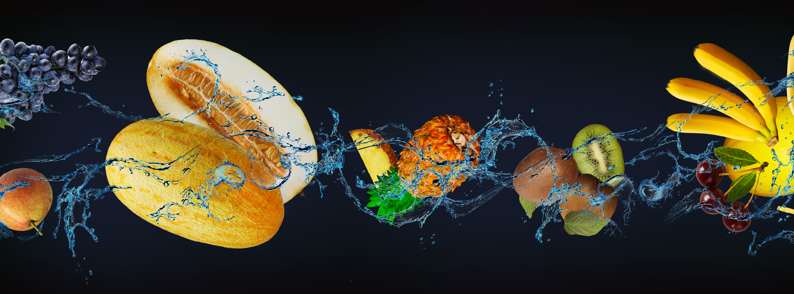 A variety of fruits and vegetables, including apples and carrots, are floating in the air against a black background.