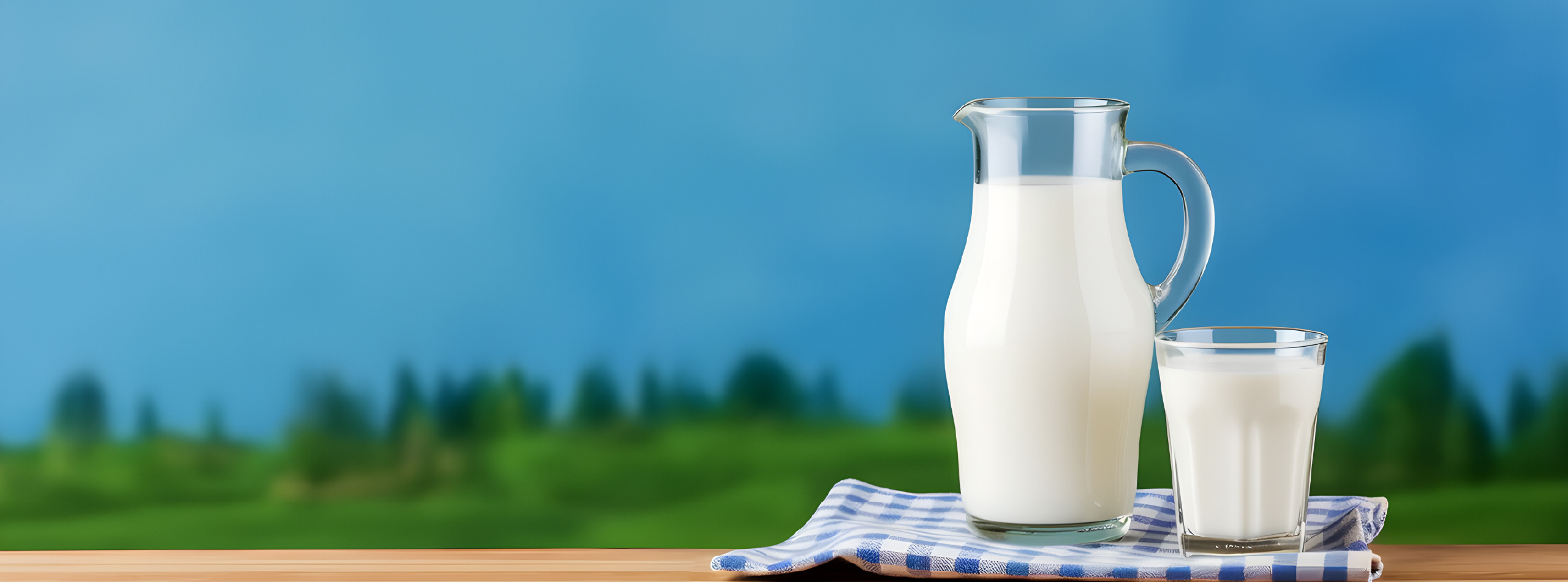 jug of milk beside a glass of milk on a wooden table