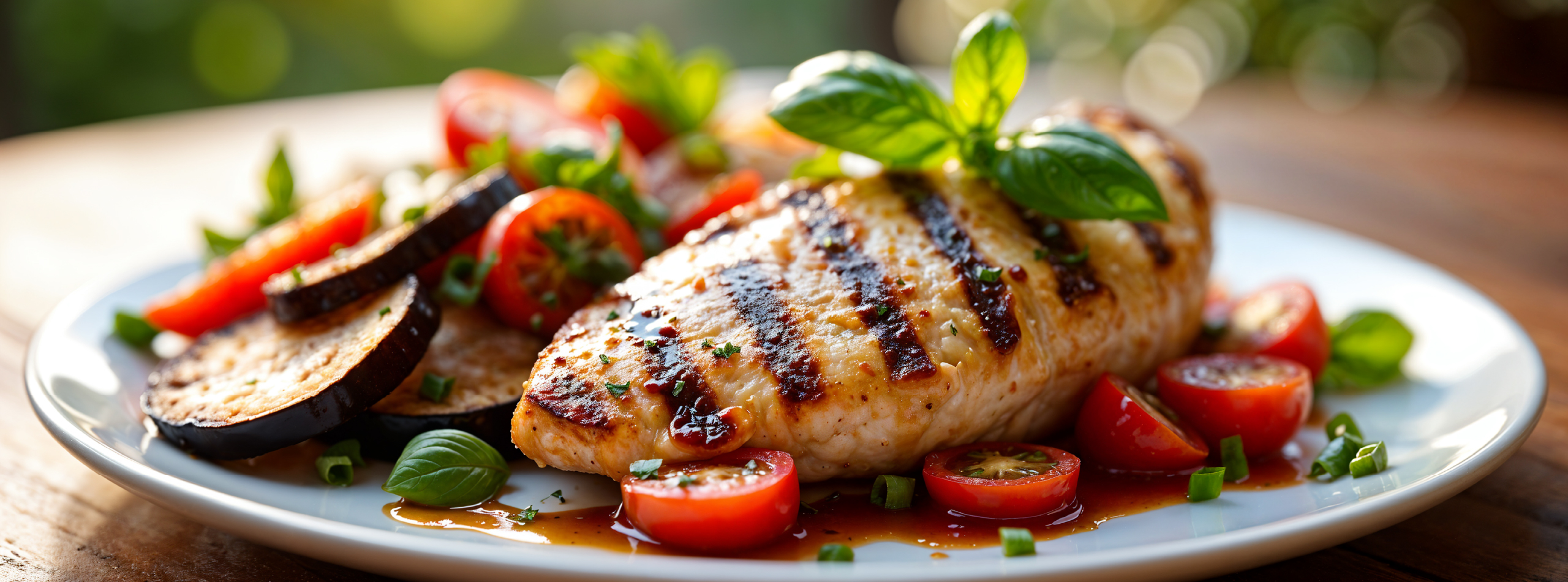 Grilled chicken breast garnished with fresh tomatoes and basil on a white plate.