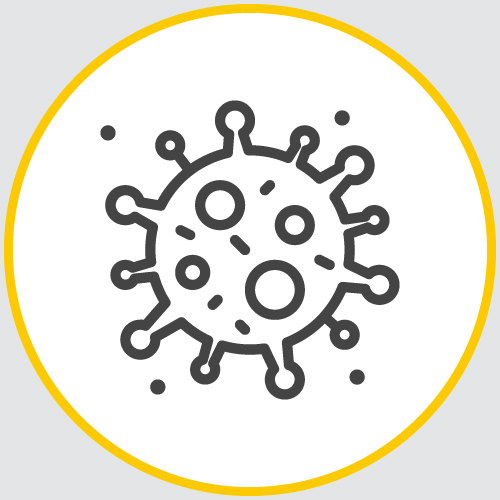 a drawing of the outline of a virus encased in a yellow circle