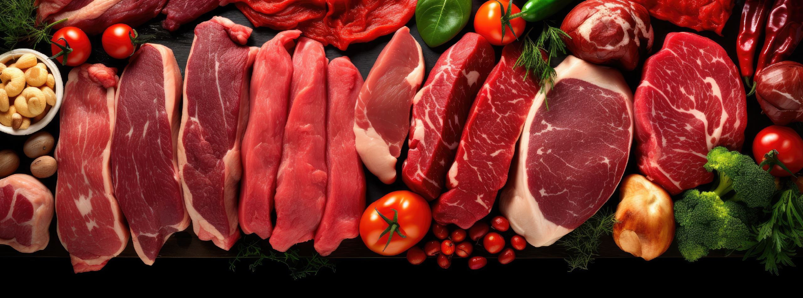 A table displays an assortment of meat alongside fresh vegetables