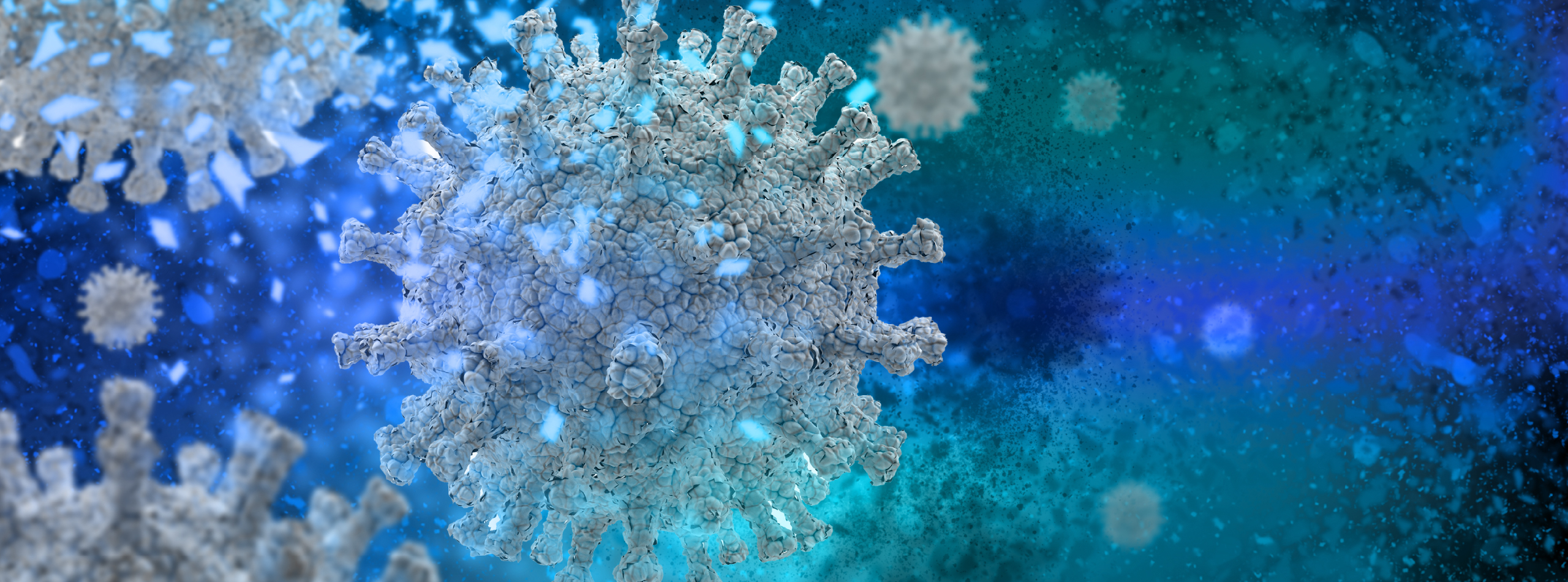 Blue and white illustration of the coronavirus, depicting its spherical shape and spike proteins.