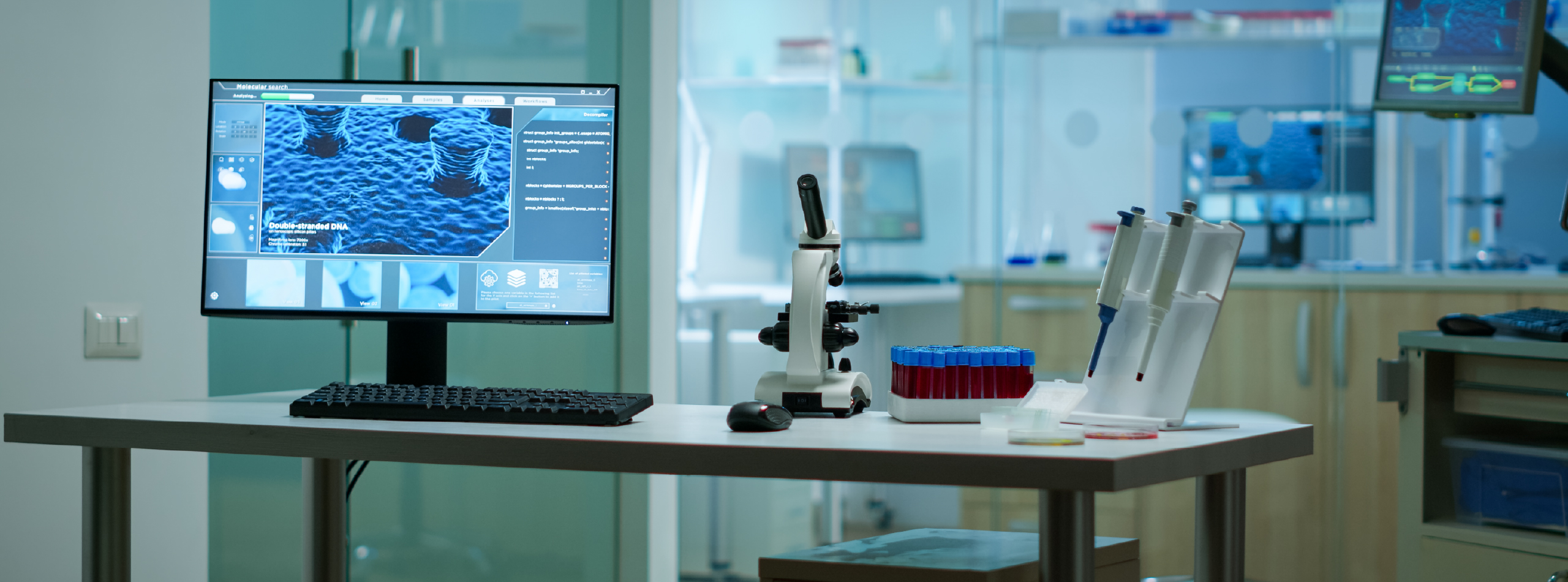 A computer monitor and a microscope are placed on a table, showcasing a workspace for scientific research and analysis.