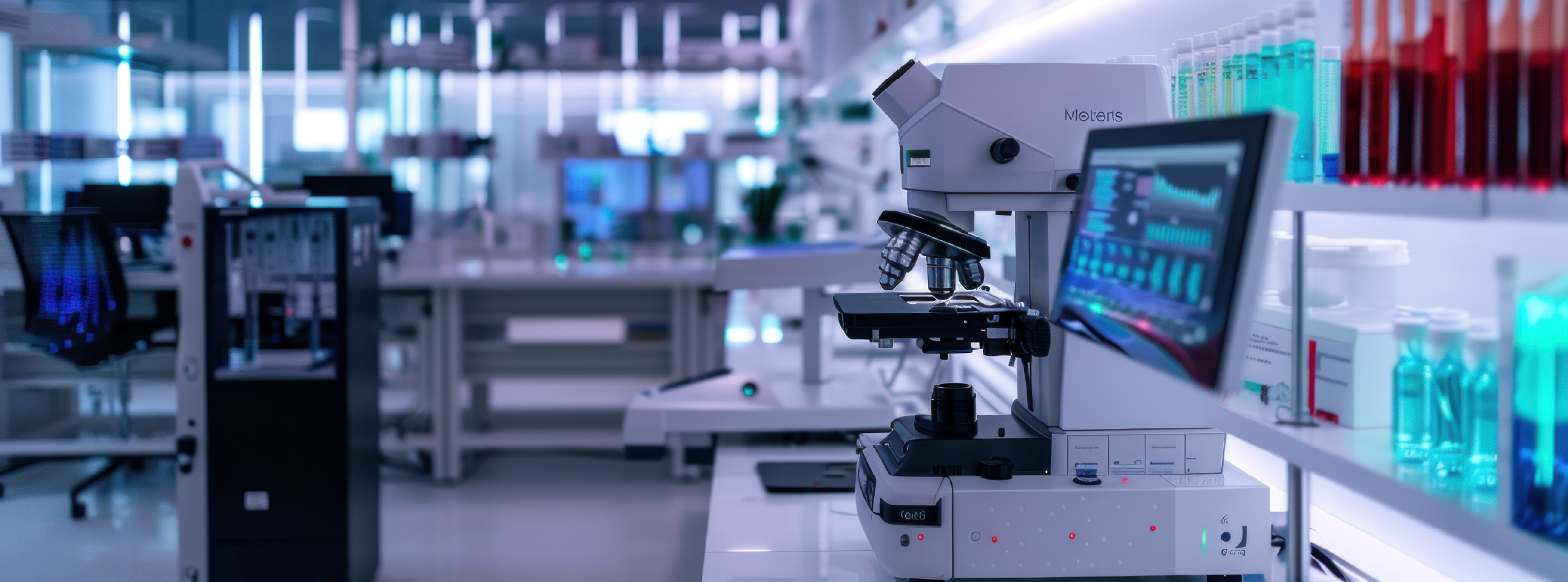 A laboratory featuring a microscope and various scientific equipment on a workbench