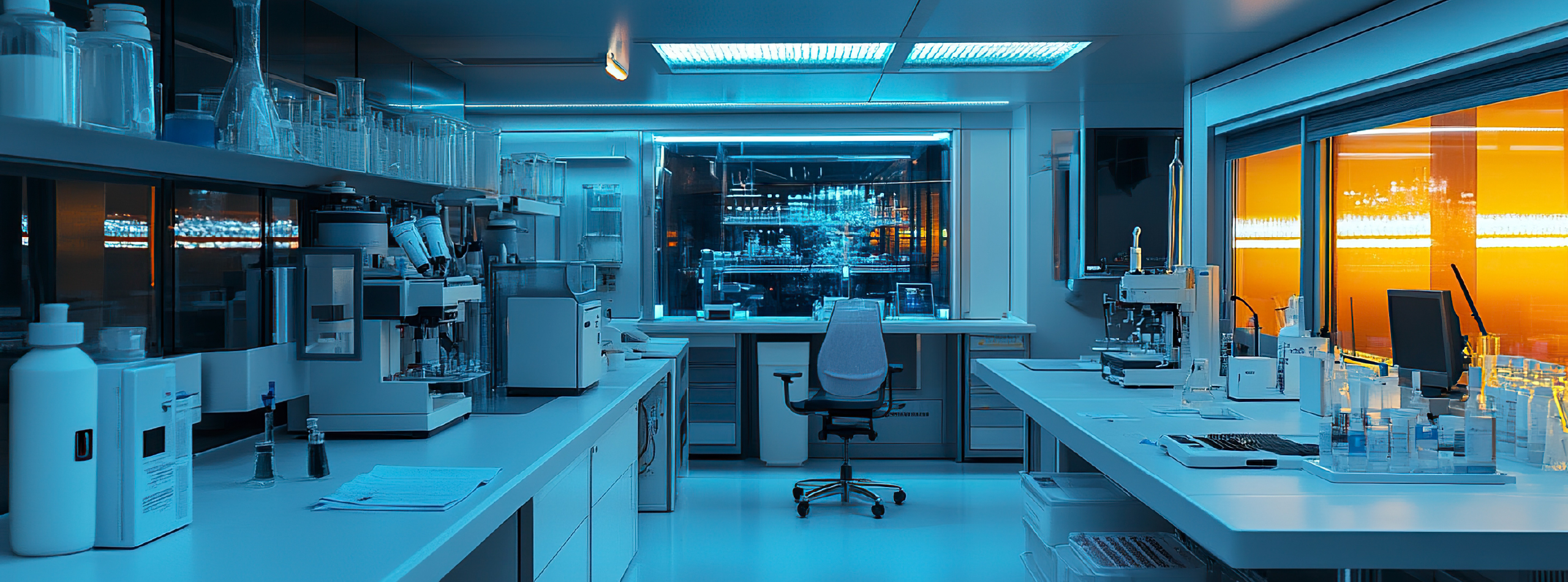 A laboratory featuring a large window and a desk, providing a bright and functional workspace for scientific activities