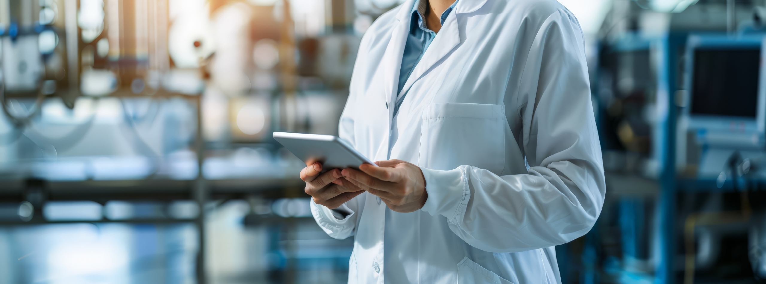 A woman in a lab coat holds a tablet, appearing focused and engaged in her work in a laboratory setting.
