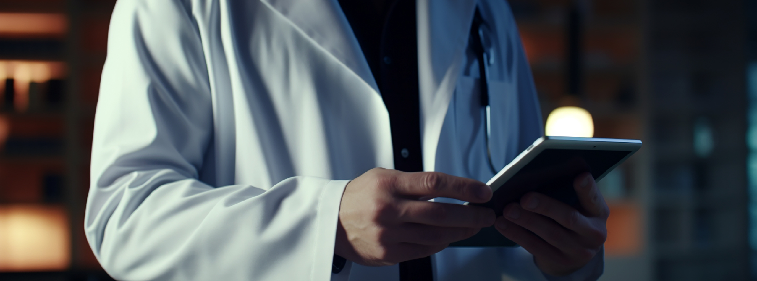 A doctor in a white coat is focused on using a cell phone in a clinical setting.