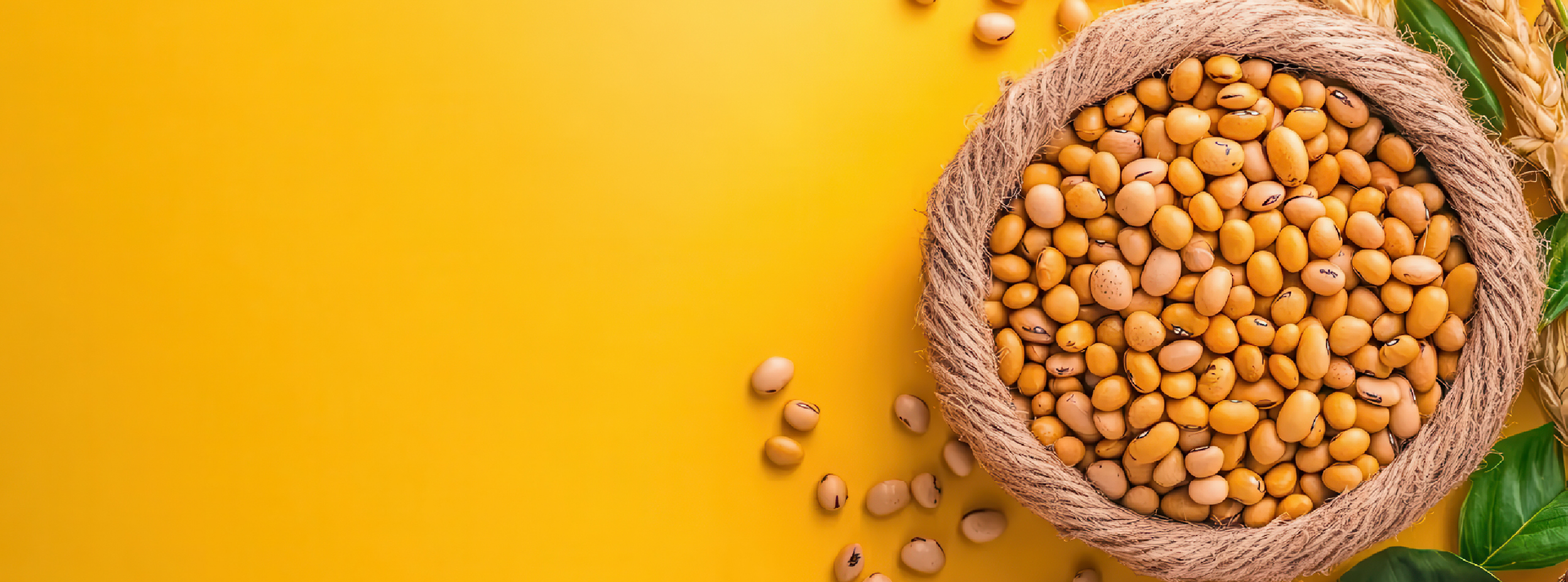soybeans in a wicker basket surrounded by leaves on a bright yellow background