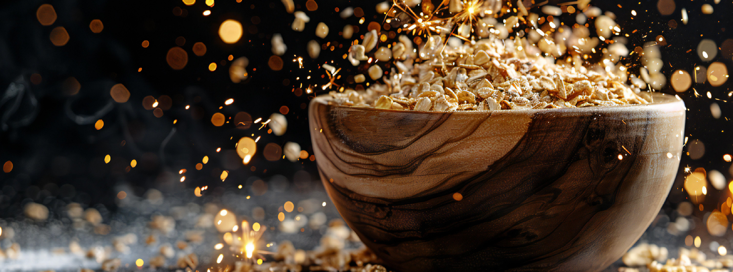 a wooden bowl of oats set against a black background