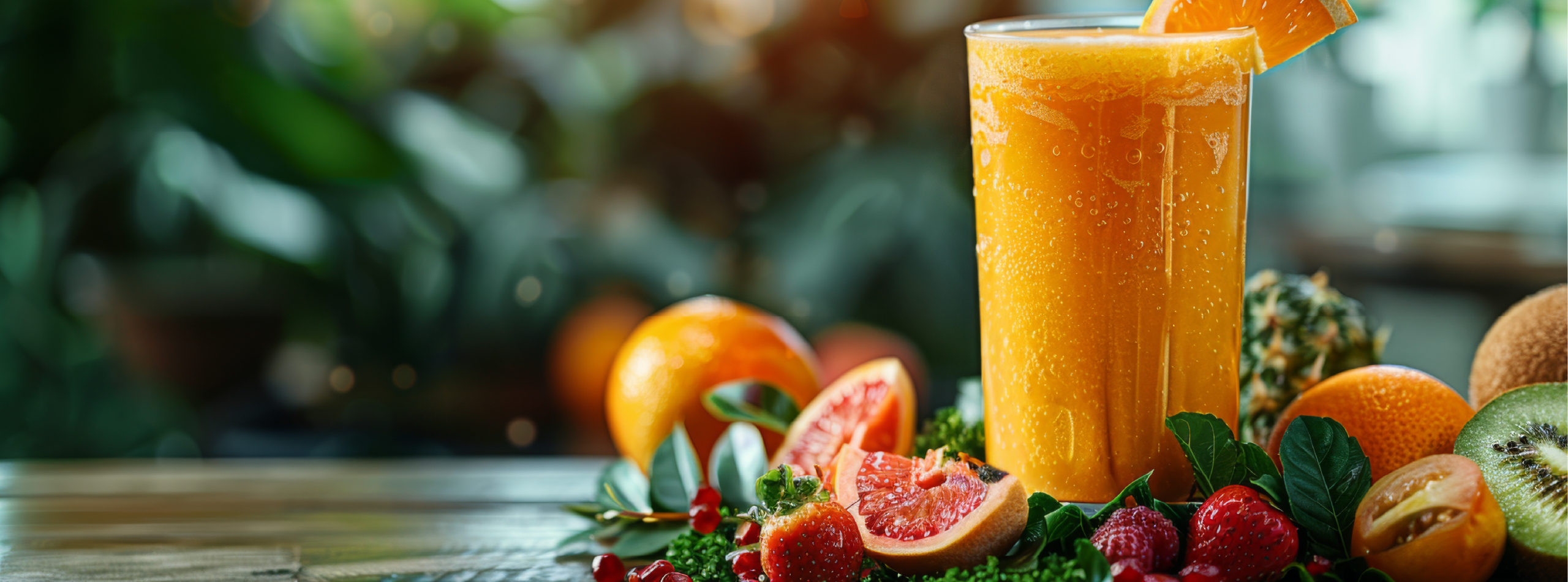 A glass of orange juice sits on a table surrounded by fresh fruit