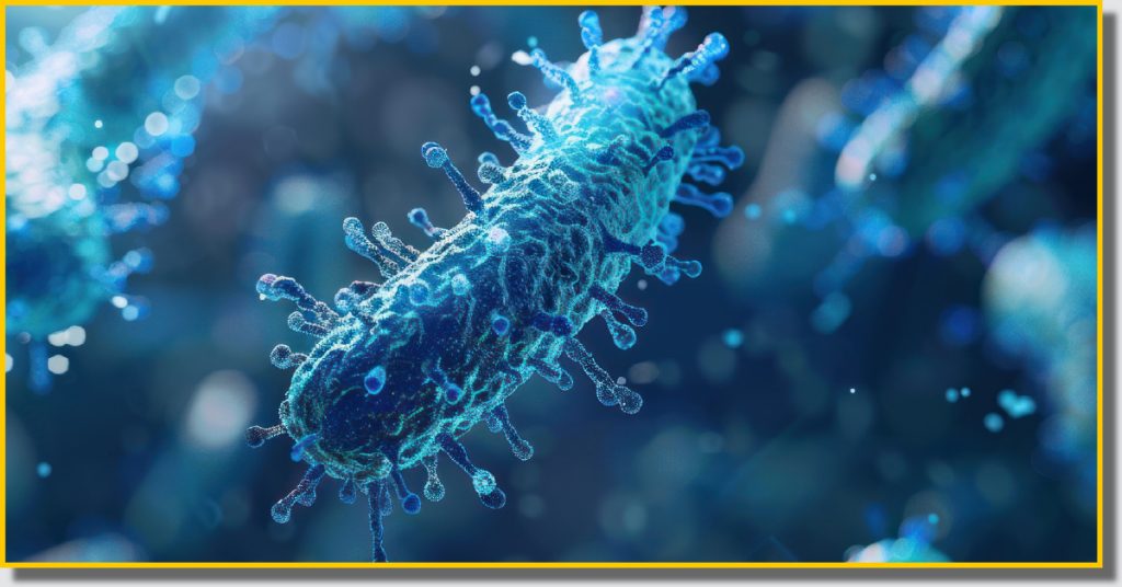 Microscopic view of bacteria in water, surrounded by droplets, illustrating microbial life in a liquid environment.