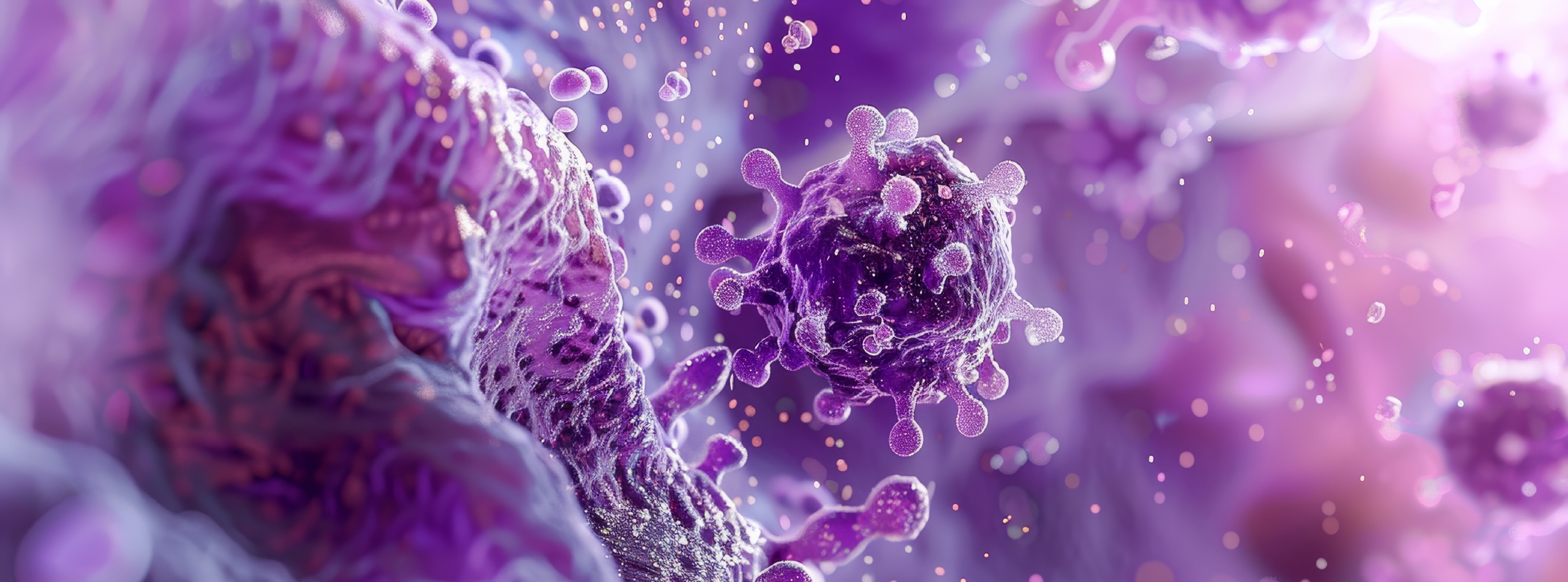 Close-up view of a virus cell, showcasing its intricate structure and surface features under a microscope.