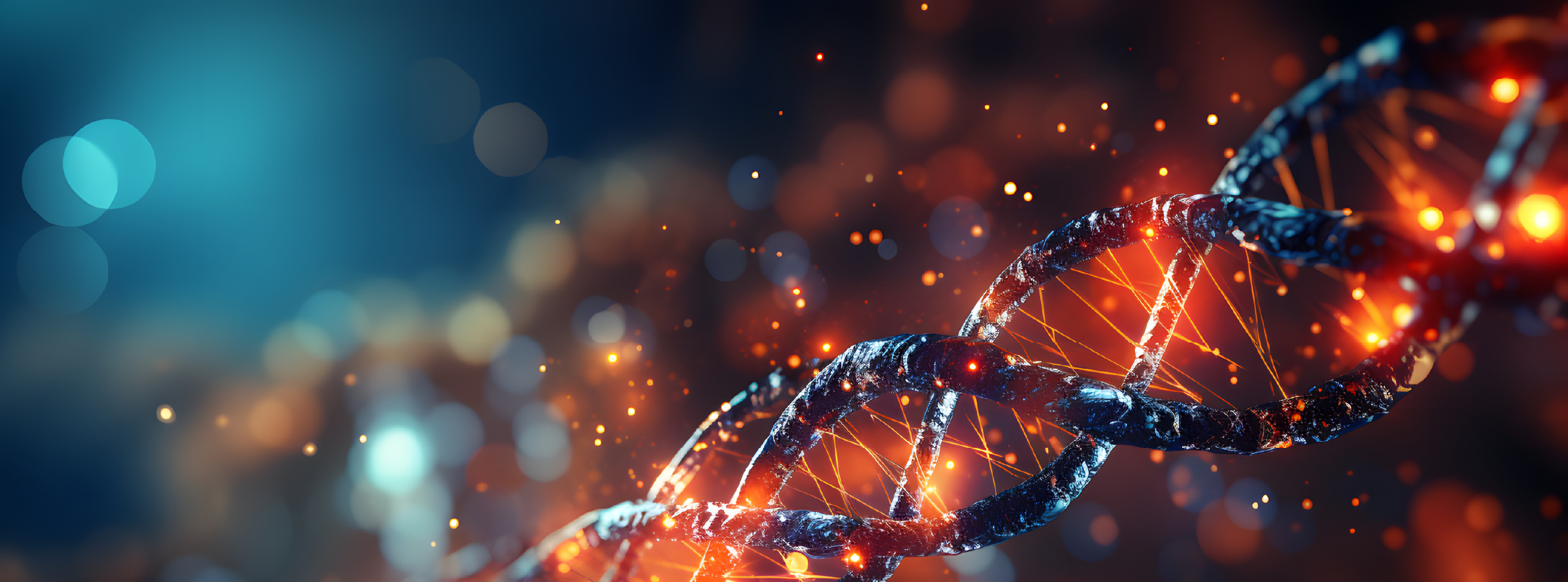 DNA strand illuminated against a dark background, showcasing its double helix structure and intricate details